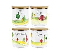 Purely Home English Landscapes Tea Coffee Sugar Hot Chocolate Storage Canister Set - Watercolour White Metal Enamel Kitchen Food Storage Containers
