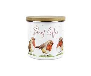 Purely Home English Robins Decaf Coffee Canister - White Metal Enamel Kitchen Food Storage Container
