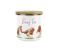 Purely Home English Robins Decaf Tea Canister - White Metal Enamel Kitchen Food Storage Container