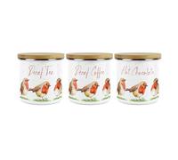 Purely Home English Robins Kitchen Canisters Set - Decaf Tea, Decaf Coffee & Hot Chocolate Containers - Metal Enamel Hot Drinks/Food Storage Gift Set of 3
