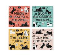 Purely Home Felines With Cat-Itude Ceramic Coaster Set - Funny Tableware Gifts For Cat Lovers - Square Drinks Coasters 4 Pack