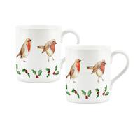 Purely Home Festive Christmas Robins & Holly Bone China Mugs - Set Of 2