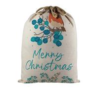 Purely Home Festive Robin Santa Sack - Large Linen-Style Present Bag For Xmas Gifts With Drawstring Ties