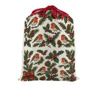 Purely Home Festive Robins Santa Sack - Large Linen-Style Christmas Gift Bag With Red Drawstring Ties