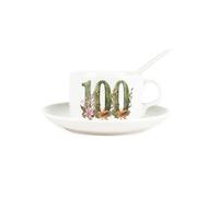 Purely Home Floral Age 100 Cup & Saucer Set with Spoon - 100th Birthday/Anniversary - Gifts for Her - Porcelain White Mug Coffee/Tea Hot Drinks Present