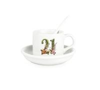 Purely Home Floral Age 21 Cup & Saucer Set With Spoon - 21St Birthday/anniversary Gifts For Her - Ceramic White Mug Coffee/tea Hot Drinks