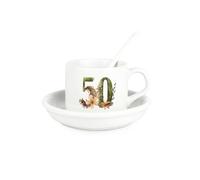 Purely Home Floral Age 50 Cup & Saucer Set with Spoon - 50th Birthday Milestone Gifts for Her - Ceramic White Mug Coffee/Tea Hot Drinks Present