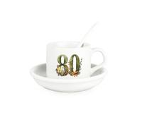 Purely Home Floral Age 80 Cup & Saucer Set With Spoon - 80Th Birthday/anniversary Gifts For Her - Ceramic White Mug Coffee/tea Hot Drinks