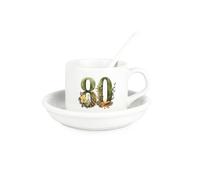 Purely Home Floral Age 80 Cup & Saucer Set with Spoon - 80th Birthday Milestone Gifts for Her - Ceramic White Mug Coffee/Tea Hot Drinks Present