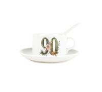 Purely Home Floral Age 90 Cup & Saucer Set with Spoon - 90th Birthday/Anniversary - Gifts for Her - Porcelain White Mug Coffee/Tea Hot Drinks Present