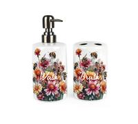 Purely Home Floral Bees Bathroom Set - Refillable Ceramic Soap Dispenser & Toothbrush Holder