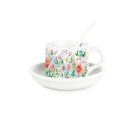 Purely Home Floral Bouquet Cup & Saucer Set With Spoon - Delicate Flowers Ceramic White Mug Coffee/tea Hot Drinks Present Gift