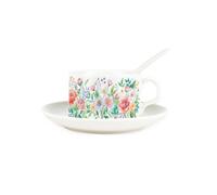 Purely Home Floral Bouquet Cup & Saucer Set With Spoon - Delicate Flowers Porcelain White Mug Coffee/tea Hot Drinks Present Gift