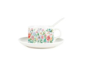 Purely Home Floral Bouquet Cup & Saucer Set With Spoon - Delicate Flowers Porcelain White Mug Coffee/tea Hot Drinks Present Gift
