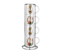Purely Home Floral Fox Stacking Mugs Set - Presents for Animal Lovers - Set of 4 Ceramic Mugs Gift Set with Metal Stand