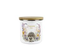 Purely Home Floral Hedgehog Chamomile Tea Storage Canister - Wildlife Creatures & Foliage Gift - White Enamel Medium Kitchen Storage Container