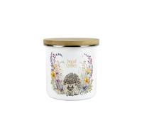 Purely Home Floral Hedgehog Decaf Coffee Storage Canister - Pretty Wildlife Creatures & Foliage Homewares Gifts - White Metal Enamel Medium Sized Kitchen Food/Drinks Storage Container