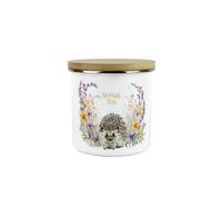 Purely Home Floral Hedgehog Herbal Tea Storage Canister - Wildlife Creatures & Foliage Gifts - White Enamel Medium Kitchen Storage Container