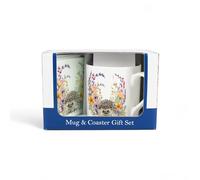Purely Home Floral Hedgehog Mug & Coaster Gift Set - Wildlife Animal Bone China Mug and Glass Coaster Set - Tea/Coffee Present