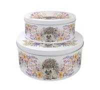 Purely Home Floral Hedgehog Set of 2 Cake Tins Gift - Flowers & Wildlife Themed Nesting Round Large & Medium Metal Storage Containers for Baking