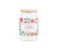 Purely Home Flower Border Ceramic Coffee Storage Canister - Floral Artwork Kitchen Food Storage Container & Wooden Lid 600Ml (14.5Cm X 9.5Cm)