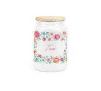 Purely Home Flower Border Ceramic Tea Storage Canister - Floral Artwork Kitchen Food Storage Container & Wooden Lid 600Ml (14.5Cm X 9.5Cm)
