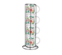 Purely Home Flower Bouquet Stacking Mugs Set - Floral Presents For Her - Set Of 4 Ceramic Mugs Gift Set With Metal Stand