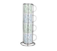 Purely Home Foliage Leaves Stacking Mugs Set - Blue & Green Gifts for Nature Lovers - Set of 4 Ceramic Mugs Gift Set with Metal Stand