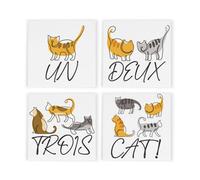 Purely Home French Cat Pun Ceramic Coaster Set - Funny Tableware Gifts For Cat Lovers - Square Drinks Coasters 4 Pack
