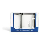 Purely Home French Horn Mug & Coaster Gift Set - Musical Instrument Line Drawn White Bone China Mug and Cork Coaster Set - Tea/Coffee Present