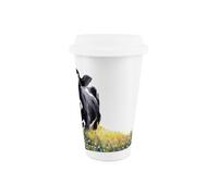 Purely Home Friesian Cow Ceramic Travel Mug - Black & White Cow Floral Field Reusable Silicone Lid Double-Walled Insulated Drinks Gift Mug