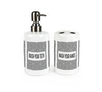 Purely Home Geometric Bathroom Set - Refillable Ceramic Soap Dispenser & Toothbrush Holder