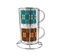 Purely Home Gold Frame Check Stacking Mugs Set - Small Ceramic Cups Gifts - Set of 2 with Metal Stand, Blue/Green/Brown