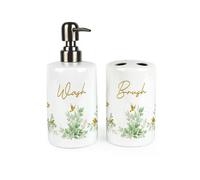 Purely Home Golden Birds Bathroom Set - Refillable Ceramic Soap Dispenser & Toothbrush Holder