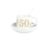 Purely Home Golden Flowers Age 50 Cup & Saucer Set With Spoon - 50Th Birthday/anniversary Gifts For Her - Ceramic White Mug Coffee/tea Present
