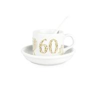 Purely Home Golden Flowers Age 60 Cup & Saucer Set with Spoon - 60th Birthday Milestone Gifts for Her - Ceramic White Mug Coffee/Tea Hot Drinks Present