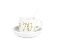 Purely Home Golden Flowers Age 70 Cup & Saucer Set with Spoon - 70th Birthday Milestone Gifts for Her - Ceramic White Mug Coffee/Tea Hot Drinks Present