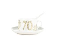 Purely Home Golden Flowers Age 70 Cup & Saucer Set with Spoon - 70th Birthday Milestone Gifts for Her - Porcelain White Mug Coffee/Tea Hot Drinks Present