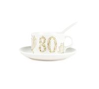 Purely Home Golden Flowers Age 80 Cup & Saucer Set with Spoon - 80th Birthday Milestone Gifts for Her - Porcelain White Mug Coffee/Tea Hot Drinks Present