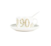 Purely Home Golden Flowers Age 90 Cup & Saucer Set with Spoon - 90th Birthday Milestone Gifts for Her - Porcelain White Mug Coffee/Tea Hot Drinks Present