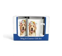 Purely Home Golden Retriever Dog Mug & Coaster Gift Set - Flower Crown Bone China Mug and Cork Coaster Set - Tea/Coffee Present for Dog Lovers