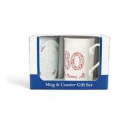 Purely Home Granny 80th Birthday Mug & Coaster Gift Set - Pink Floral Bone China Cup & Round Glass Coaster Drinkware Present