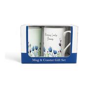 Purely Home Granny Mug & Coaster Gift Set - Blooming Lovely Granny Flowers Bone China Mug And Glass Coaster Set - Tea/coffee Present