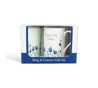 Purely Home Granny Mug & Coaster Gift Set - Blooming Lovely Granny Flowers Bone China Mug and Glass Coaster Set - Tea/Coffee Present