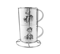 Purely Home Great Actors Stacking Mugs Set Gift - Fields Keaton Lloyd Chaplin Ceramic Cups Set of 2 with Metal Stand