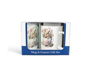 Purely Home Great Nanny Mug & Coaster Gift Set - Teacup Bunny & Flowers Bone China Mug and Glass Coaster Tea/Coffee Present