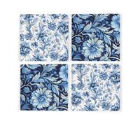 Purely Home Greek Floral Ceramic Coaster Set - Blue & White Floral Square Set Of Four (4) Coasters Gift