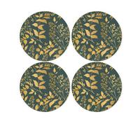 Purely Home Green & Gold Foliage Coaster Set - Round Glass Set Of Four Coasters