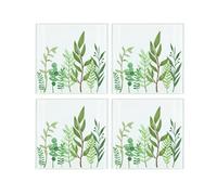 Purely Home Green Leaves Coaster Set - Square Glass Foliage Print - Set Of Four (4) Coasters