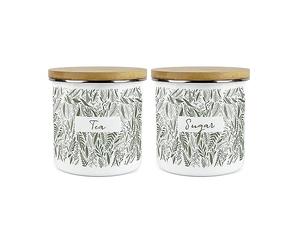 Purely Home Green Leaves Range Tea Sugar Set Of 2 Storage Canisters - White And Green Metal Enamel Kitchen Food Storage Canister Set